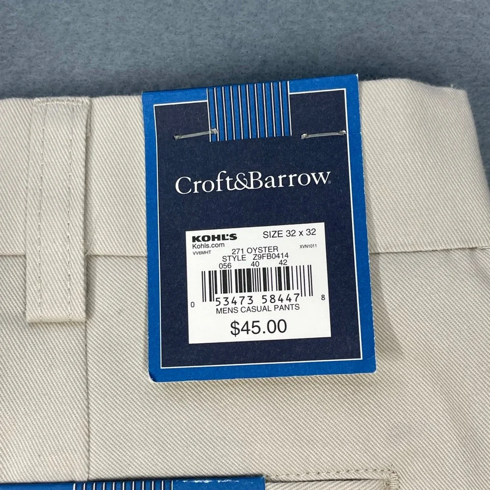 NWT Croft & Barrow Oyster Pleated Easy Care Khaki Pants Mens 32x32